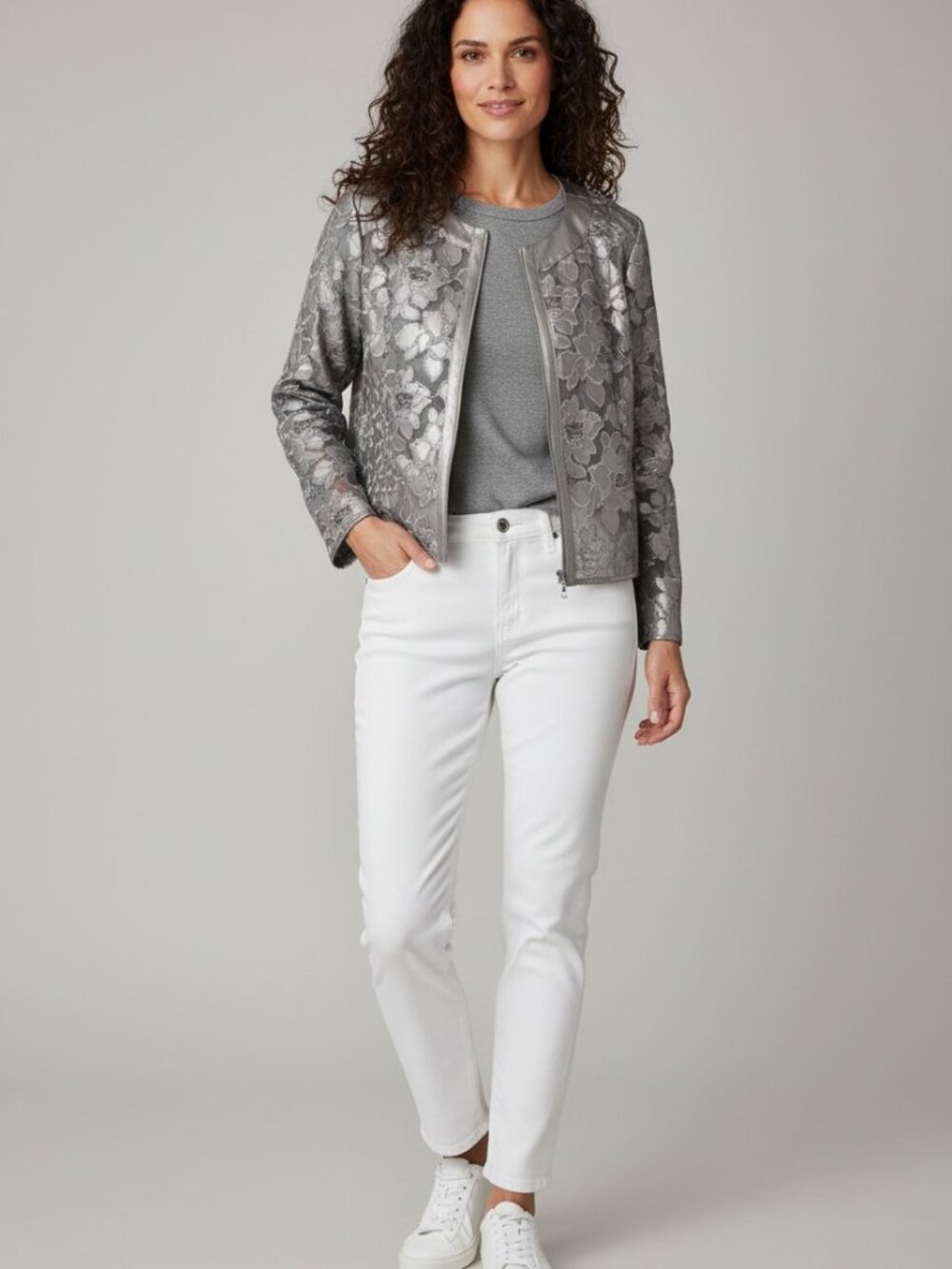 BUNDLE! Colleen Lopez silver faux leather zip up jacket with FREE LOGO 3/4 tee!!